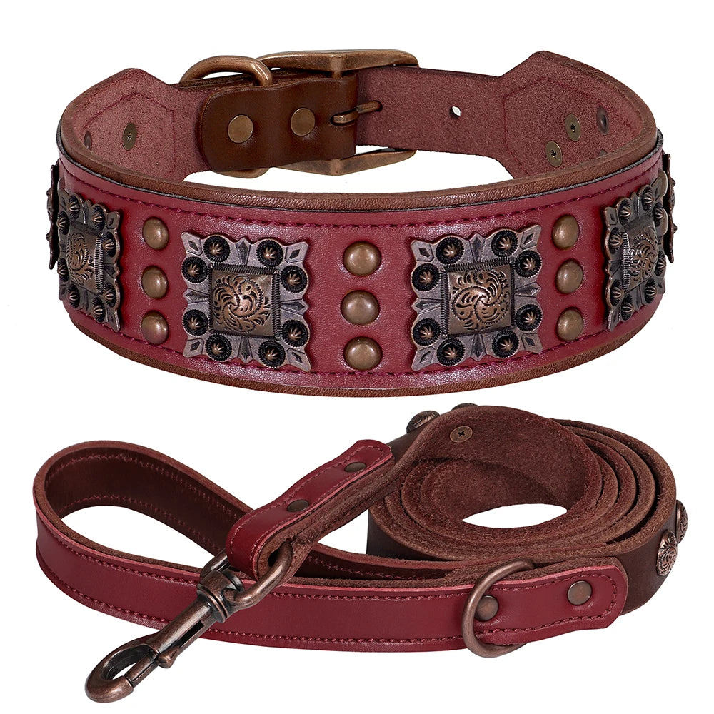Pure Leather Luxury Metal Rivet Dog Collar and Leash Set For Medium Large Dogs