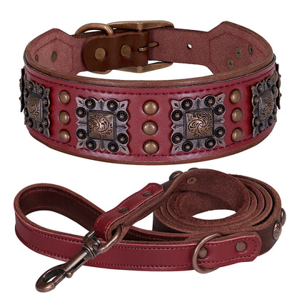 Pure Leather Luxury Metal Rivet Dog Collar and Leash Set For Medium Large Dogs