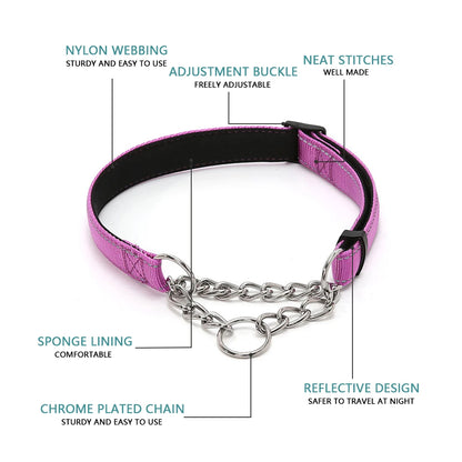 Stainless Steel Chain Martingale Dog Collar - Reflective Nylon Fabric Dog Collars