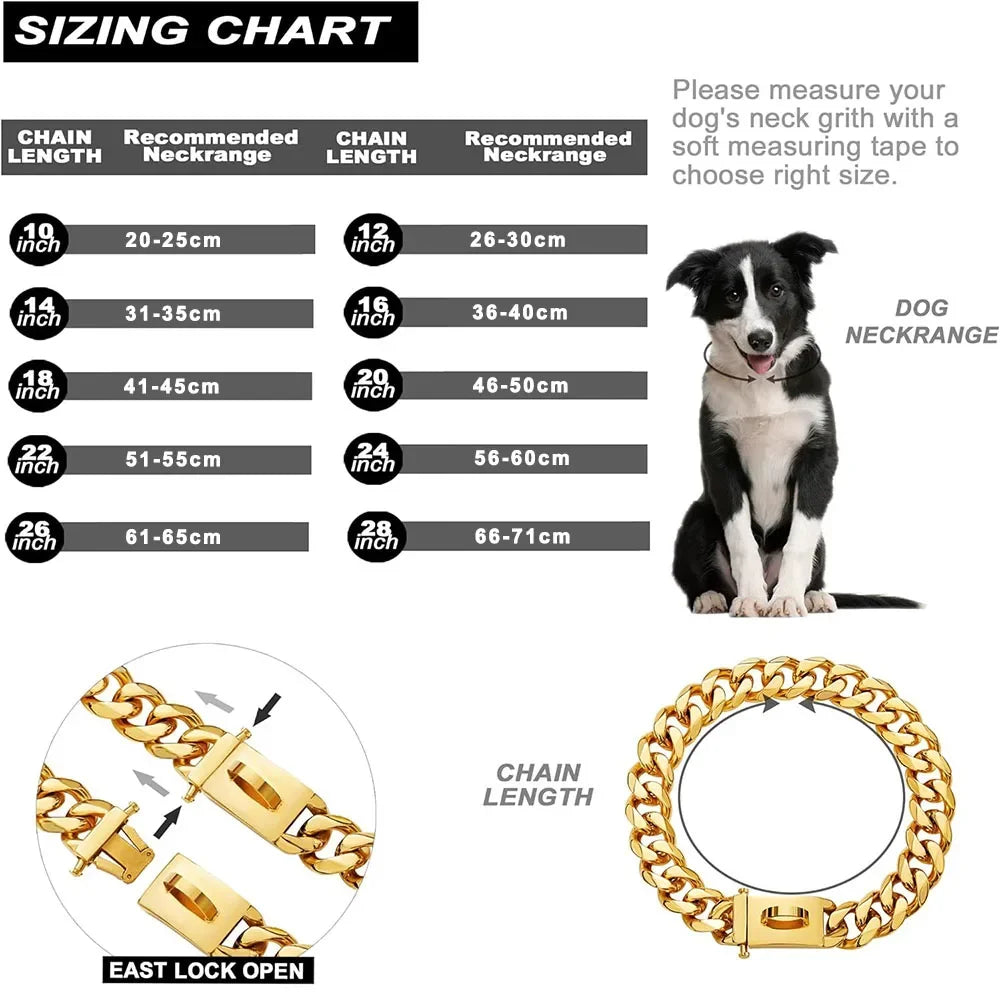 19mm Chain Dog Collar Luxurious Golden and Silvery Cuban Link with Secure Snap Buckle