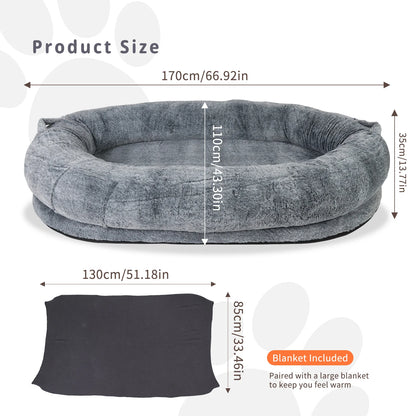 Large Human Dog Bed with Washable Fur Cover and Blanket
