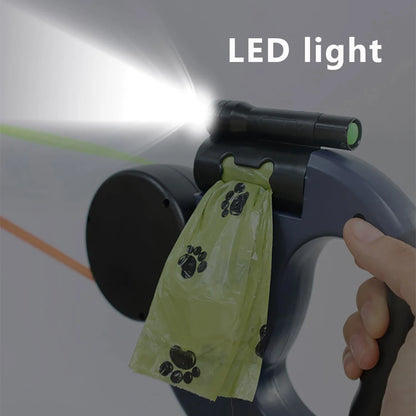 Retractable Dual Dog Leash with LED Light and Poo Bag Holder for Small Dogs