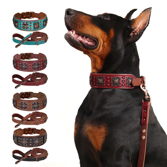 Pure Leather Luxury Metal Rivet Dog Collar and Leash Set For Medium Large Dogs