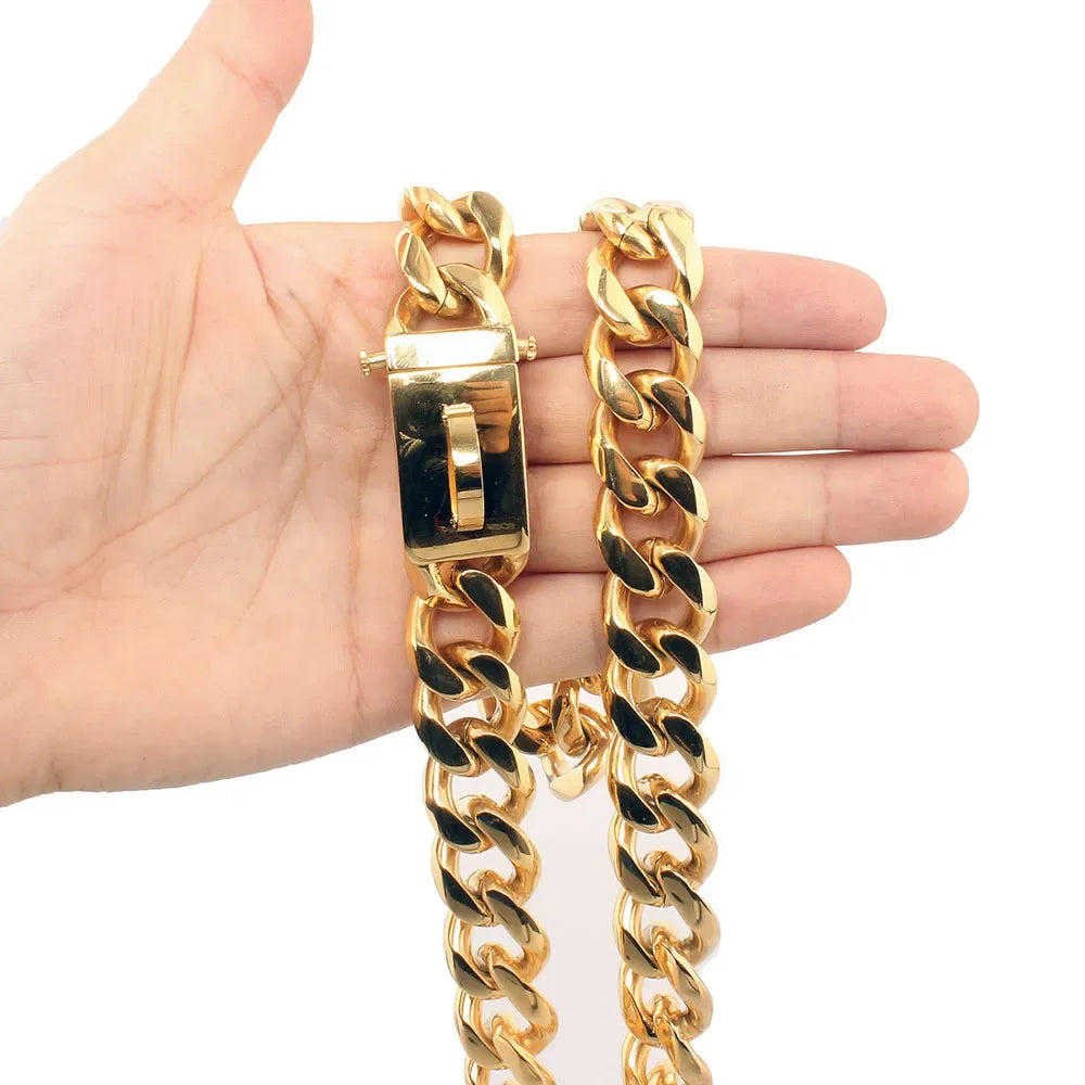 19mm Chain Dog Collar Luxurious Golden and Silvery Cuban Link with Secure Snap Buckle