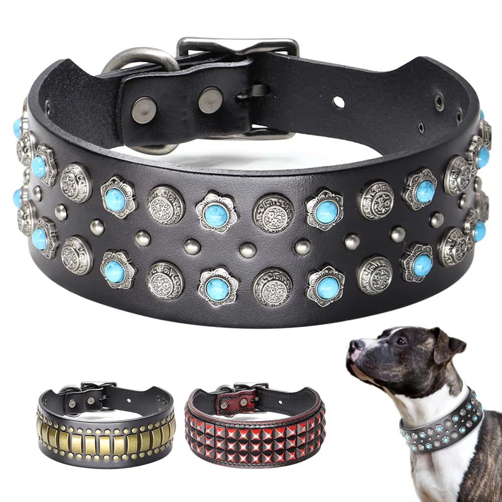Original Leather Dog Collar 2inch Wide Luxury Riveted Necklace for Medium Large Dogs
