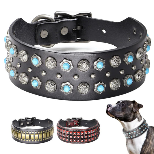 Original Leather Dog Collar 2inch Wide Luxury Riveted Necklace for Medium Large Dogs