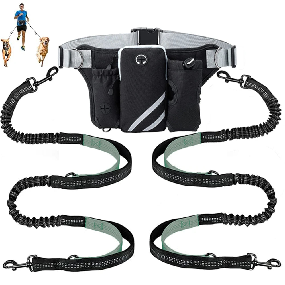 Hands Free Dog Leash For 2 Dogs With Water, Poop Bag Holder and Cell Phone Pouch