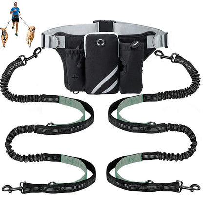 Hands Free Dog Leash For 2 Dogs With Water, Poop Bag Holder and Cell Phone Pouch