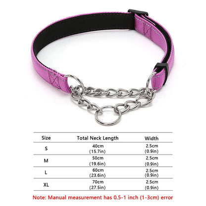 Stainless Steel Chain Martingale Dog Collar - Reflective Nylon Fabric Dog Collars