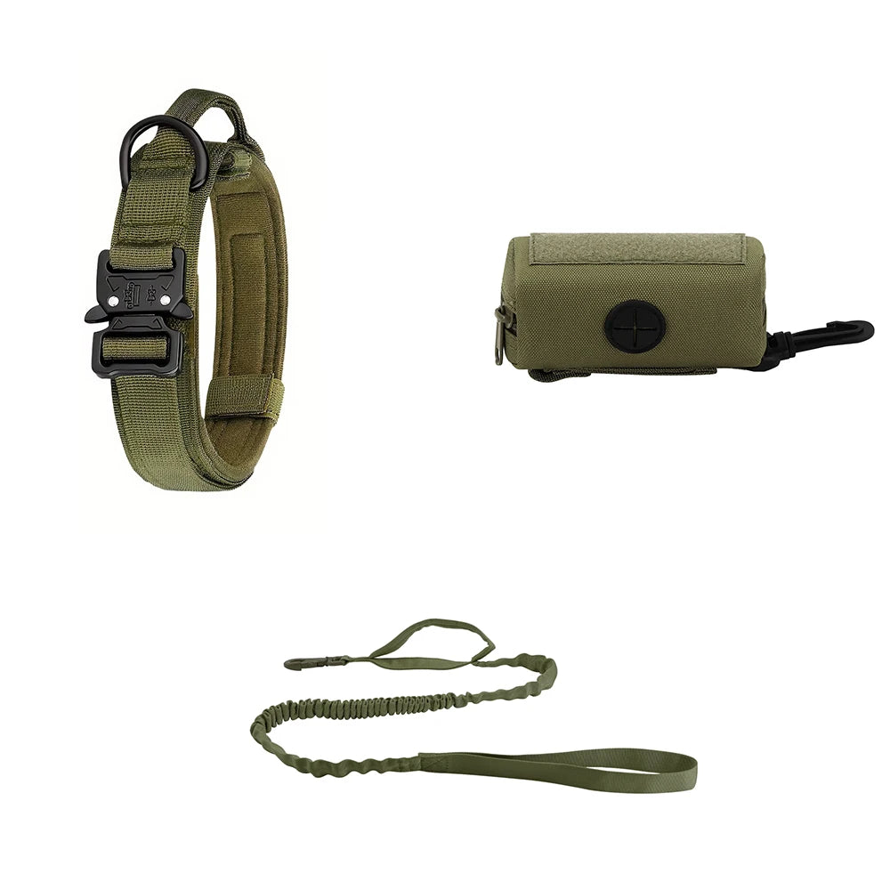 3pcs Dog Collar and Leash Set with Poop Bag Holder: Tactical Nylon Heavy Duty