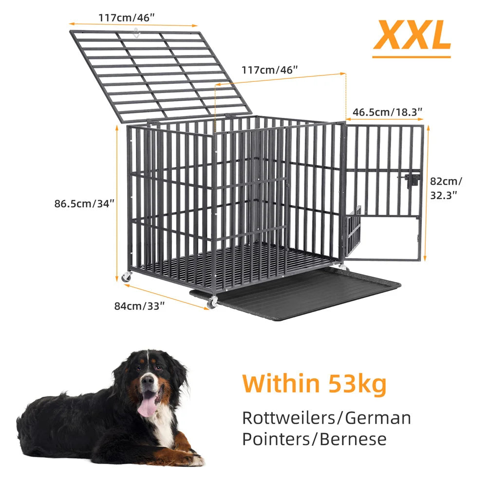 XXL Large Dog Crate: Heavy Duty Strong Square Tube Metal Pet Cage