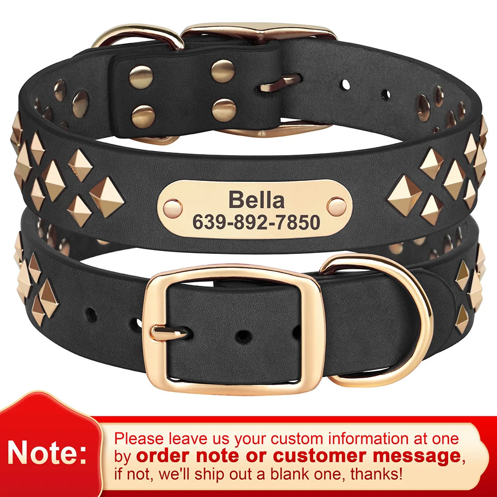 Real Leather Dog Collar Personalised Dog ID Spiked Studded Necklace