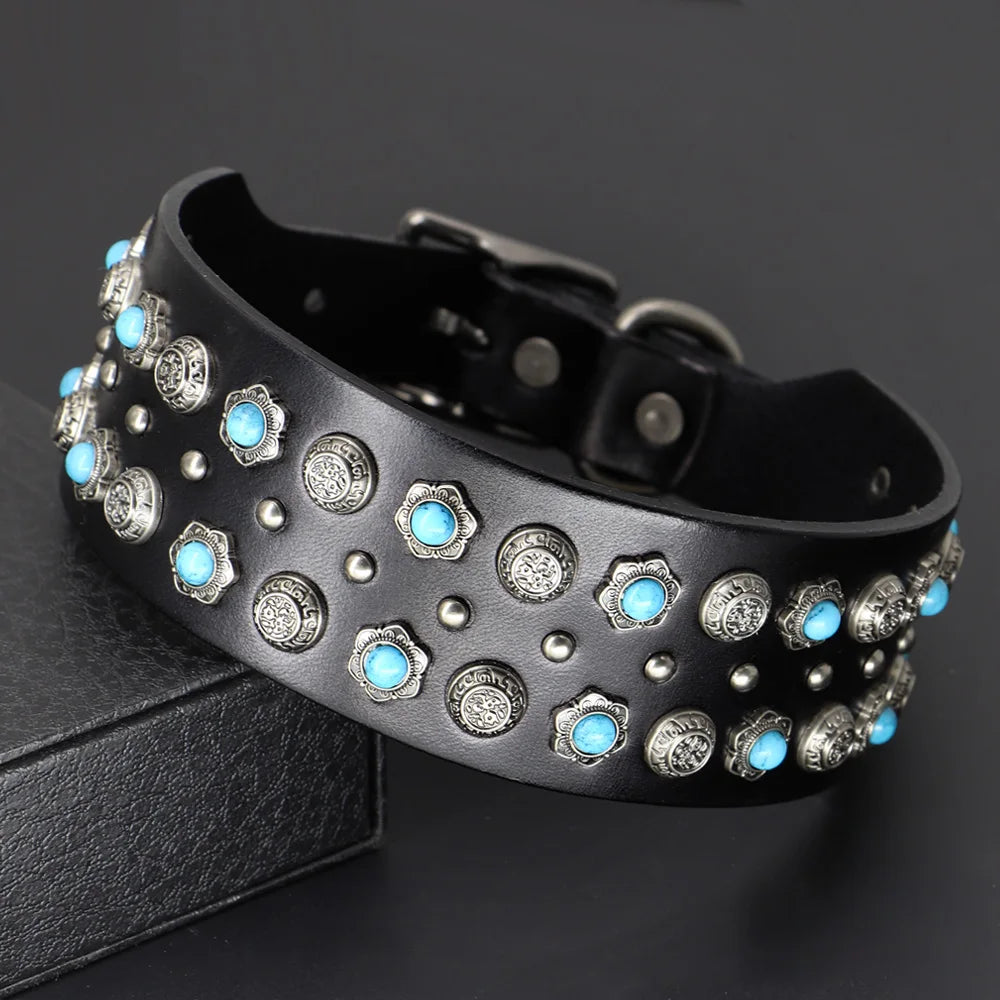 Original Leather Dog Collar 2inch Wide Luxury Riveted Necklace for Medium Large Dogs
