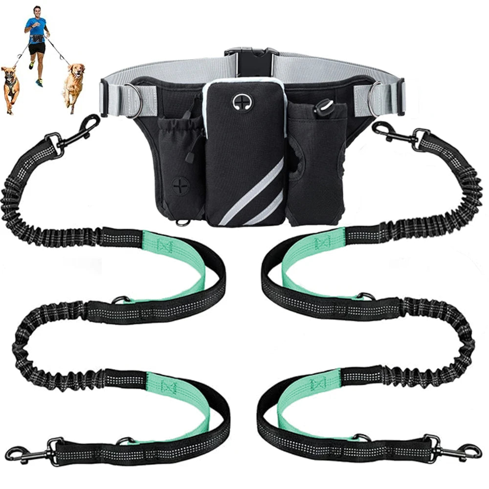 Hands Free Dog Leash For 2 Dogs With Water, Poop Bag Holder and Cell Phone Pouch