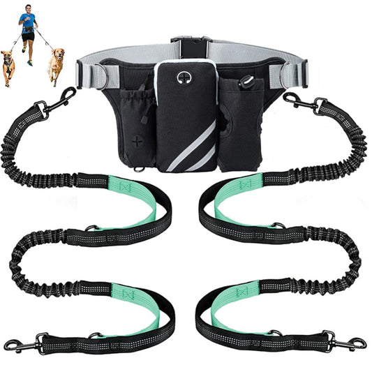 Hands Free Dog Leash For 2 Dogs With Water, Poop Bag Holder and Cell Phone Pouch