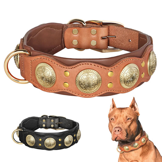 Genuine Leather Dog Collar Spiked Studded Adjustable Necklace for Large or Medium Dog