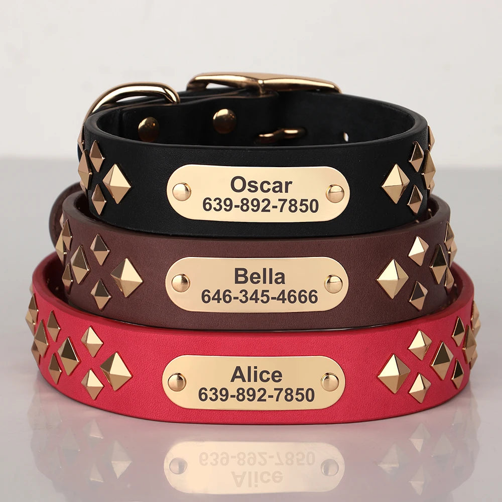 Real Leather Dog Collar Personalised Dog ID Spiked Studded Necklace