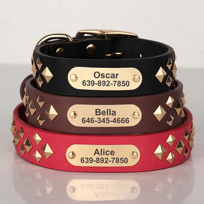 Real Leather Dog Collar Personalised Dog ID Spiked Studded Necklace