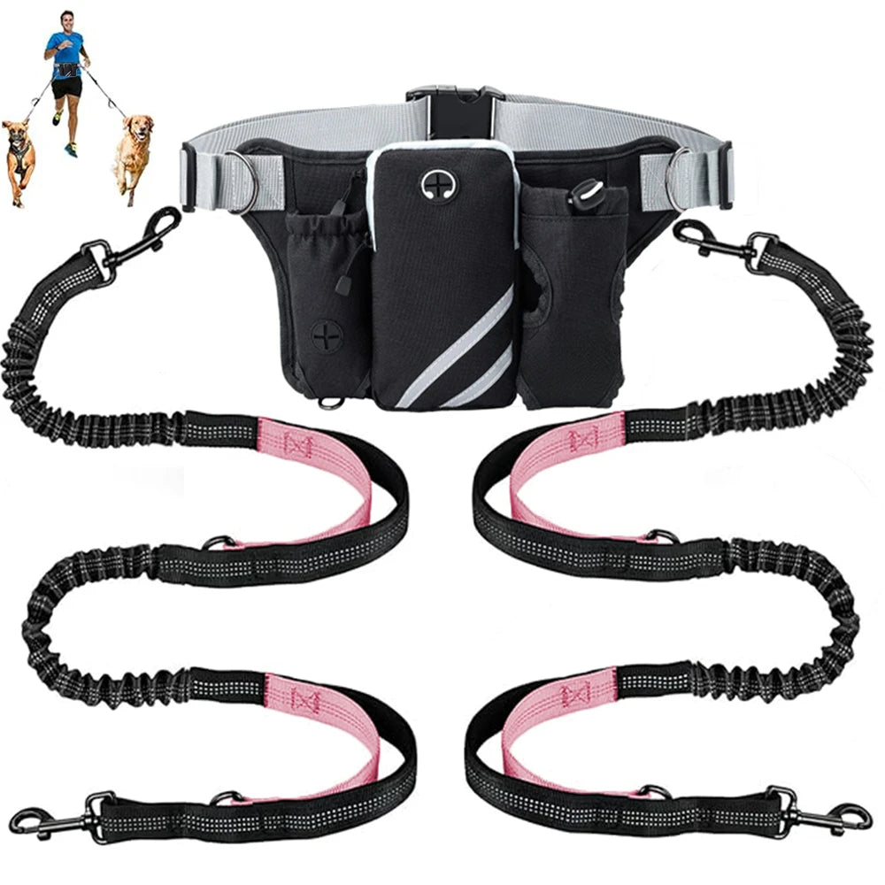 Hands Free Dog Leash For 2 Dogs With Water, Poop Bag Holder and Cell Phone Pouch
