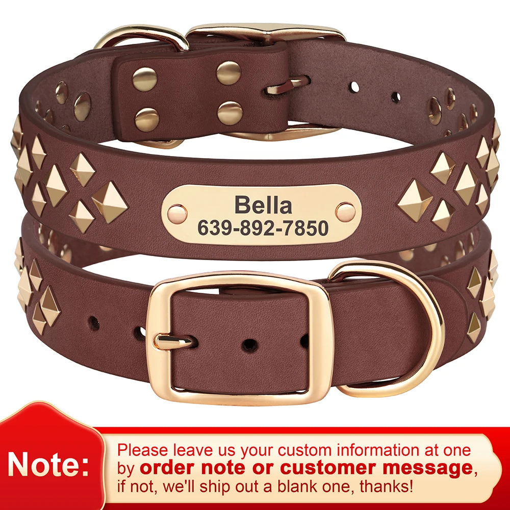 Real Leather Dog Collar Personalised Dog ID Spiked Studded Necklace