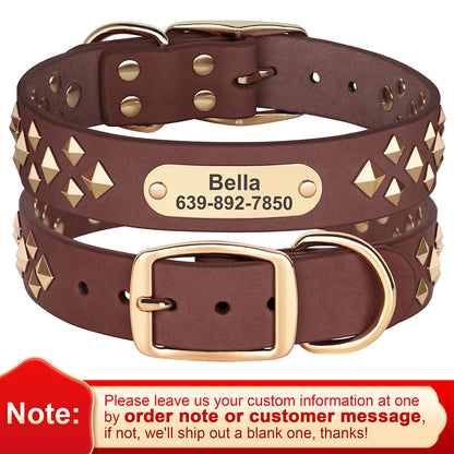 Real Leather Dog Collar Personalised Dog ID Spiked Studded Necklace