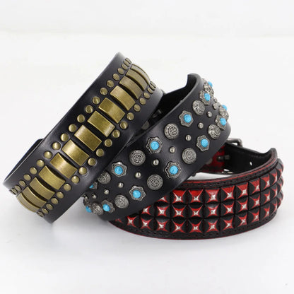 Original Leather Dog Collar 2inch Wide Luxury Riveted Necklace for Medium Large Dogs