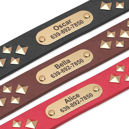Real Leather Dog Collar Personalised Dog ID Spiked Studded Necklace