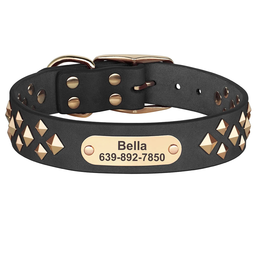 Real Leather Dog Collar Personalised Dog ID Spiked Studded Necklace