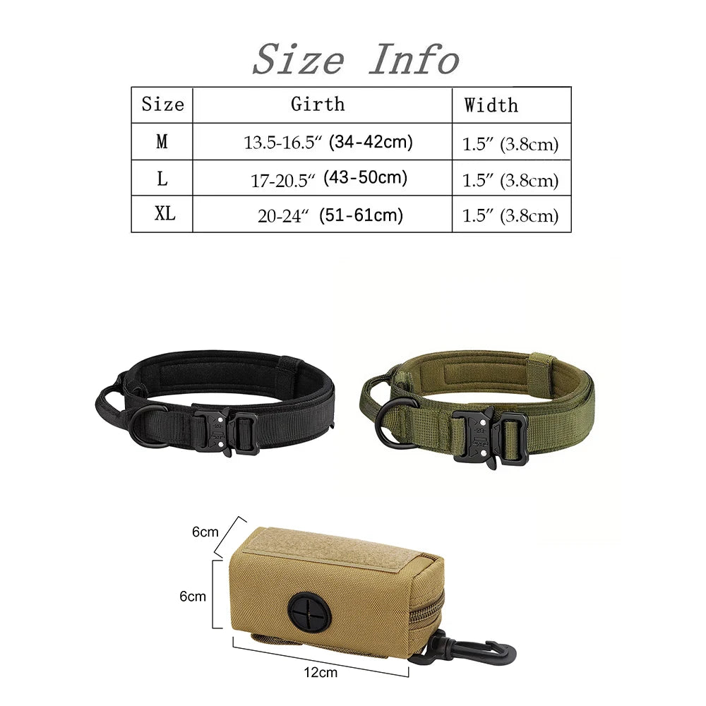 3pcs Dog Collar and Leash Set with Poop Bag Holder: Tactical Nylon Heavy Duty
