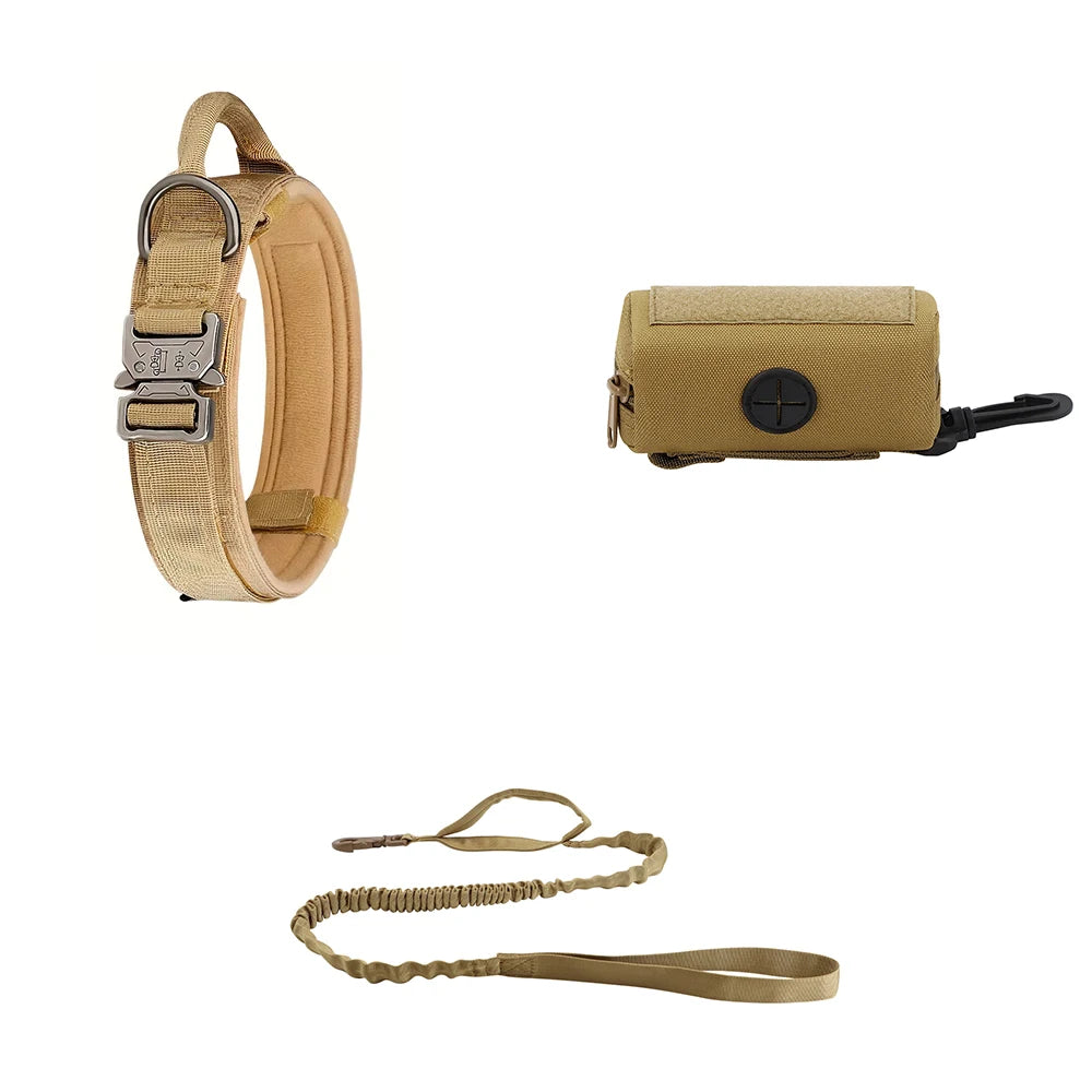 3pcs Dog Collar and Leash Set with Poop Bag Holder: Tactical Nylon Heavy Duty