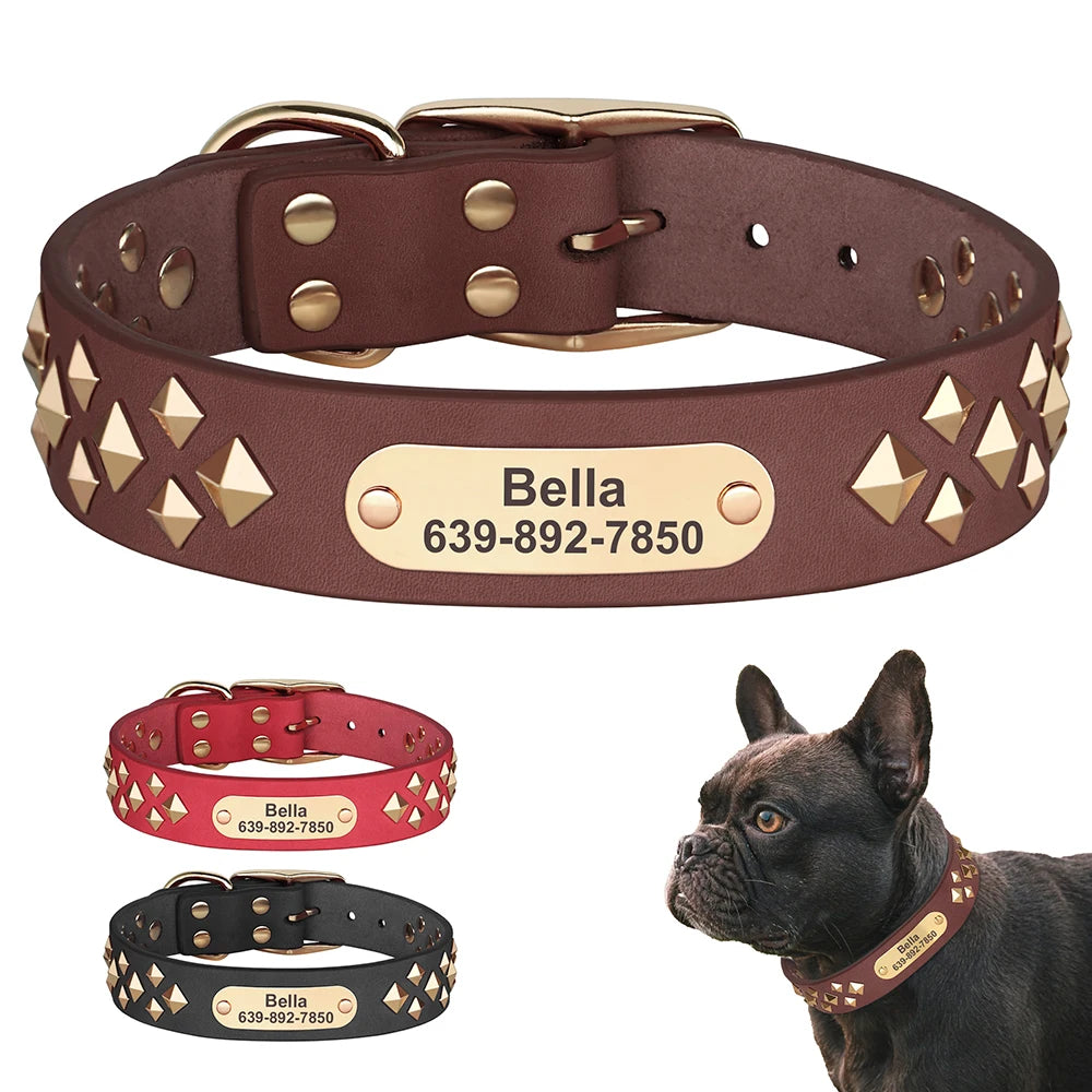 Real Leather Dog Collar Personalised Dog ID Spiked Studded Necklace