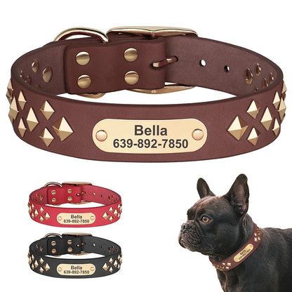 Real Leather Dog Collar Personalised Dog ID Spiked Studded Necklace