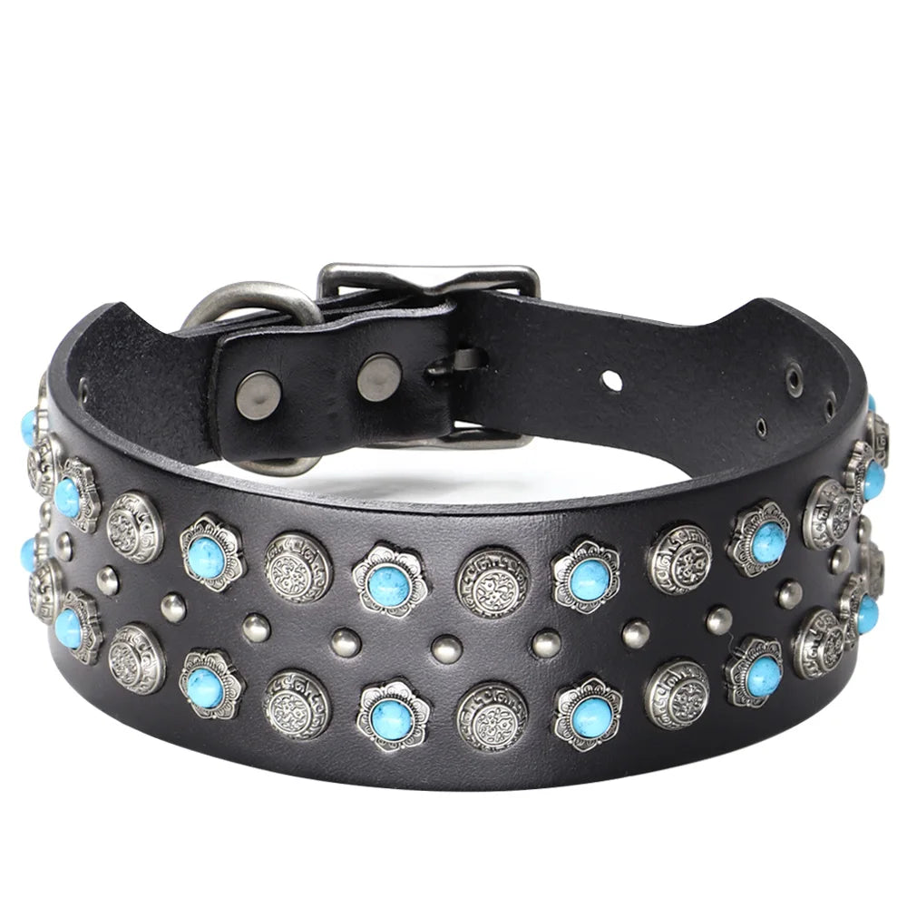 Original Leather Dog Collar 2inch Wide Luxury Riveted Necklace for Medium Large Dogs