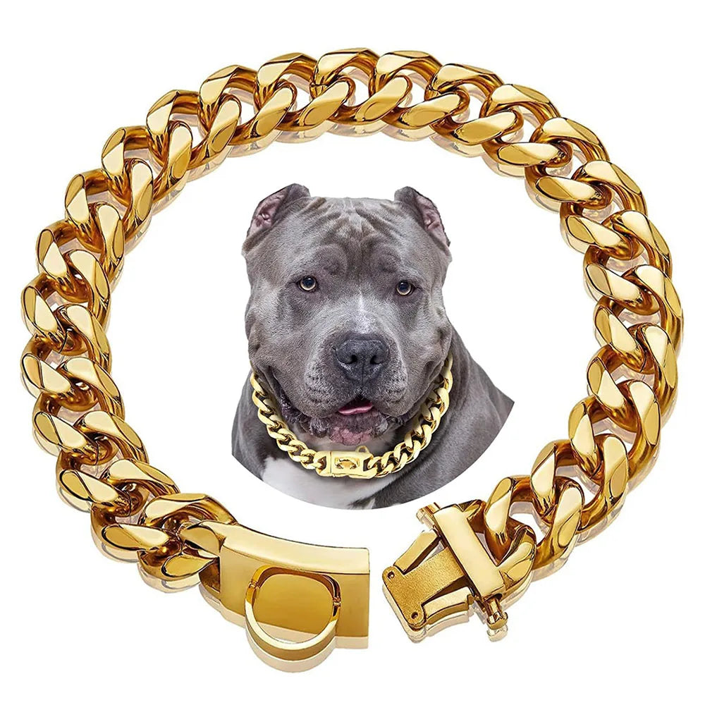 19mm Chain Dog Collar Luxurious Golden and Silvery Cuban Link with Secure Snap Buckle