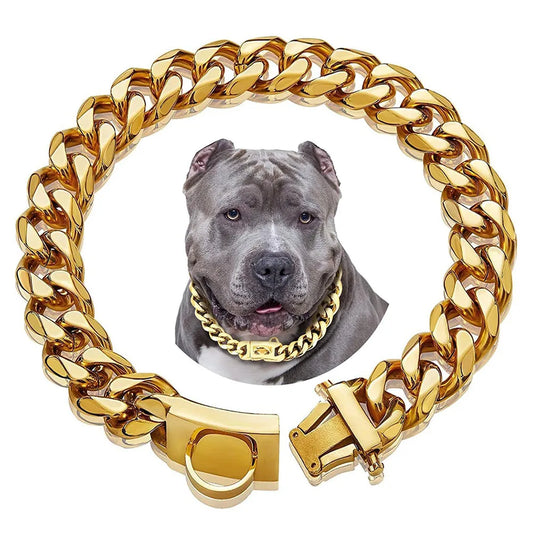 19mm Chain Dog Collar Luxurious Golden and Silvery Cuban Link with Secure Snap Buckle