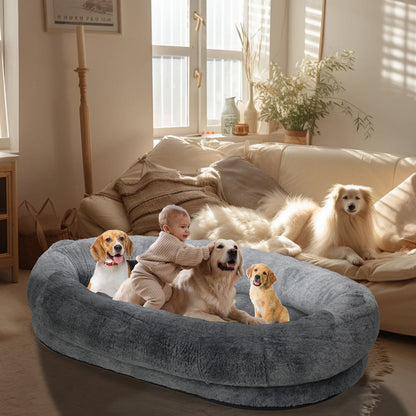 Large Human Dog Bed with Washable Fur Cover and Blanket