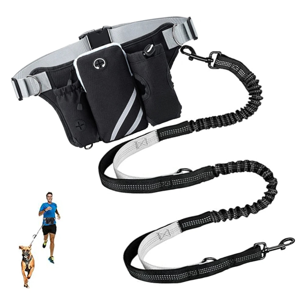 Hands Free Dog Leash For 2 Dogs With Water, Poop Bag Holder and Cell Phone Pouch