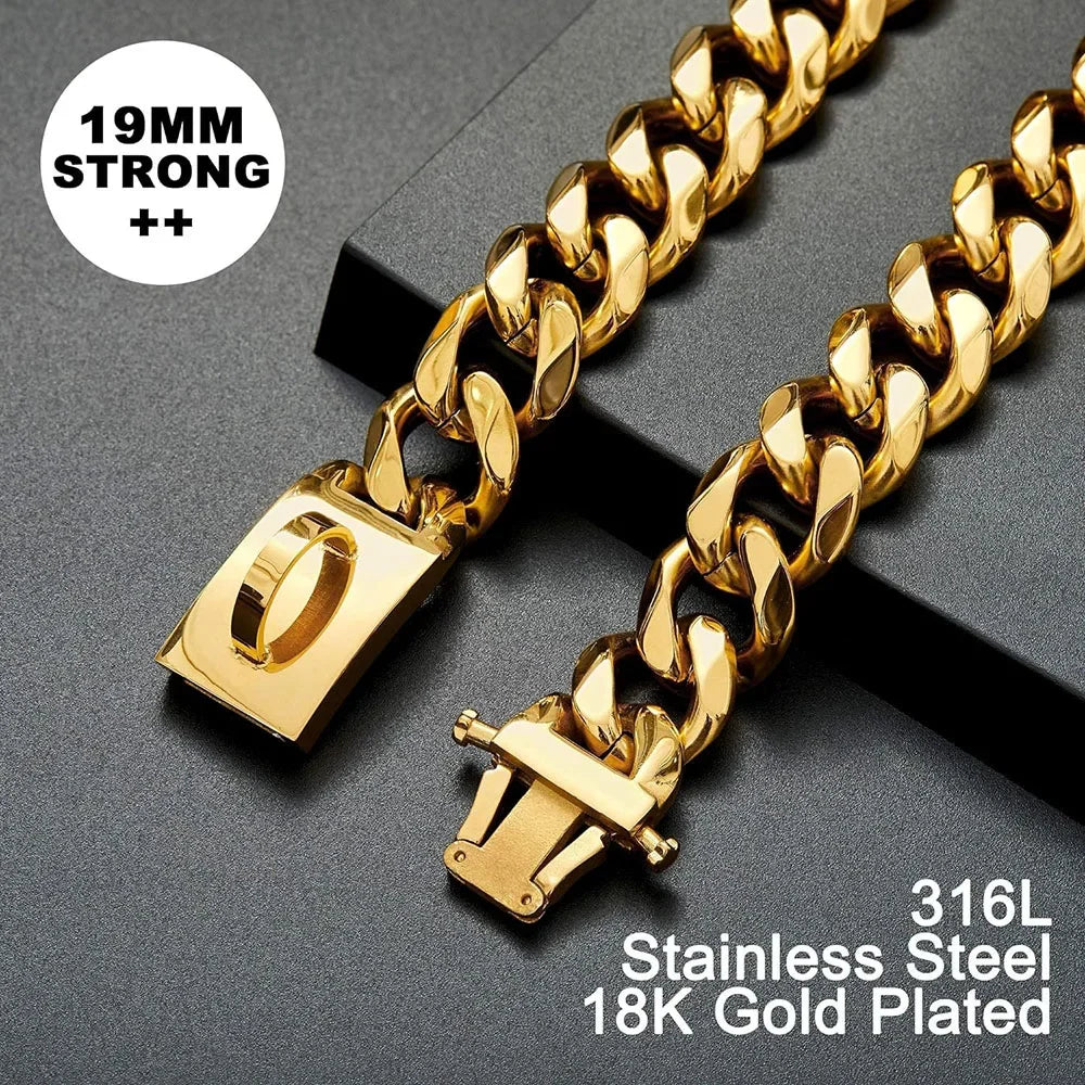 19mm Chain Dog Collar Luxurious Golden and Silvery Cuban Link with Secure Snap Buckle