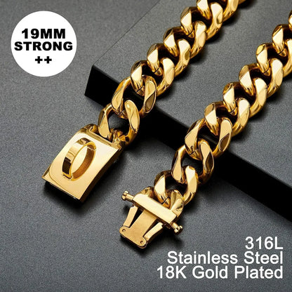 19mm Chain Dog Collar Luxurious Golden and Silvery Cuban Link with Secure Snap Buckle