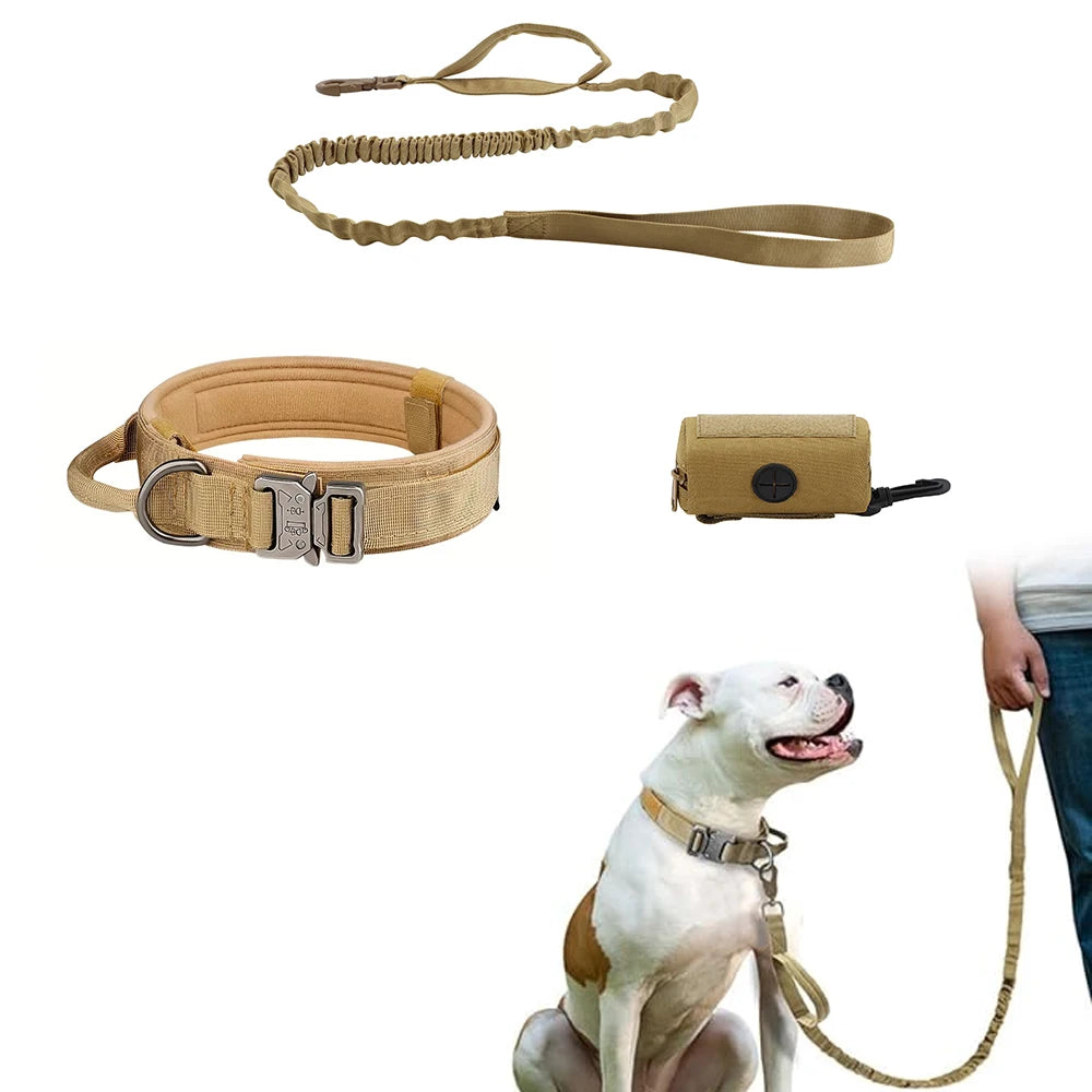 3pcs Dog Collar and Leash Set with Poop Bag Holder: Tactical Nylon Heavy Duty