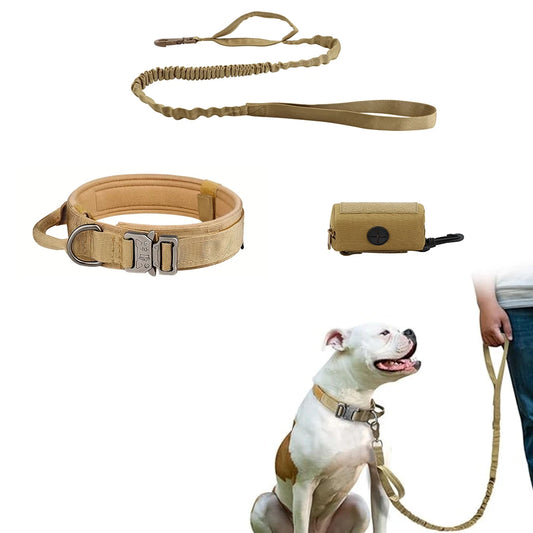 3pcs Dog Collar and Leash Set with Poop Bag Holder: Tactical Nylon Heavy Duty
