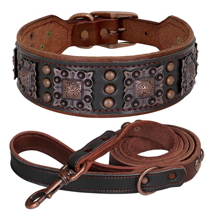 Pure Leather Luxury Metal Rivet Dog Collar and Leash Set For Medium Large Dogs