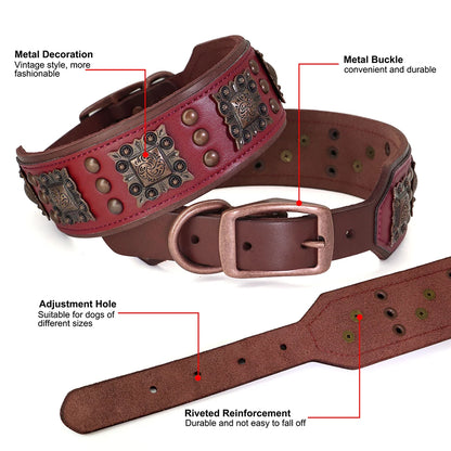 Pure Leather Luxury Metal Rivet Dog Collar and Leash Set For Medium Large Dogs