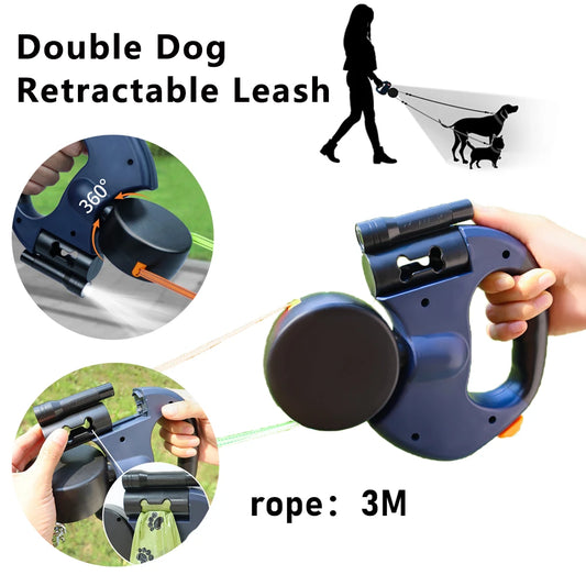 Retractable Dual Dog Leash with LED Light and Poo Bag Holder for Small Dogs