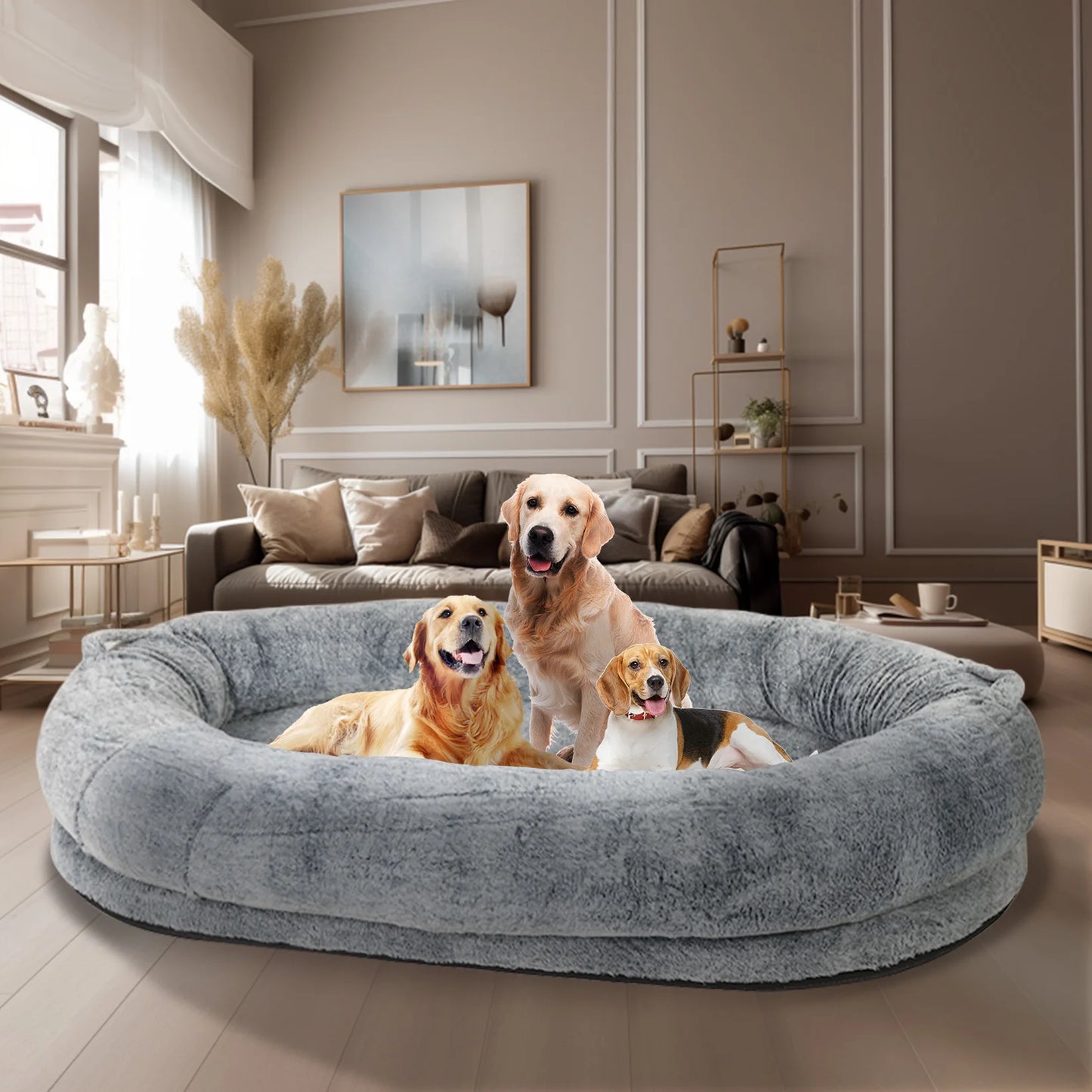 Large Human Dog Bed with Washable Fur Cover and Blanket
