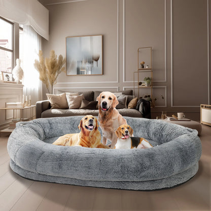 Large Human Dog Bed with Washable Fur Cover and Blanket