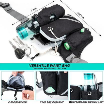 Hands Free Dog Leash For 2 Dogs With Water, Poop Bag Holder and Cell Phone Pouch