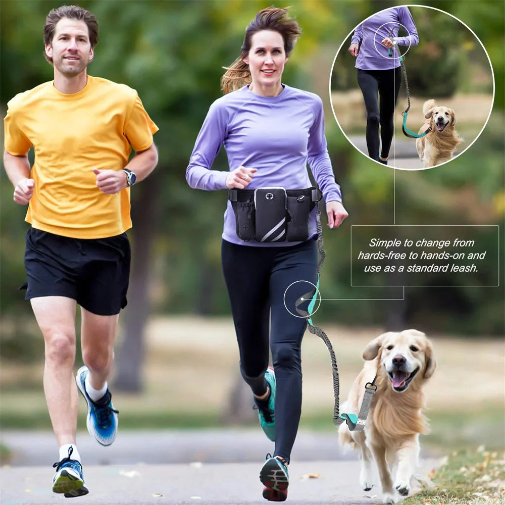 Hands Free Dog Leash For 2 Dogs With Water, Poop Bag Holder and Cell Phone Pouch
