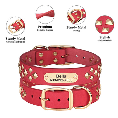 Real Leather Dog Collar Personalised Dog ID Spiked Studded Necklace