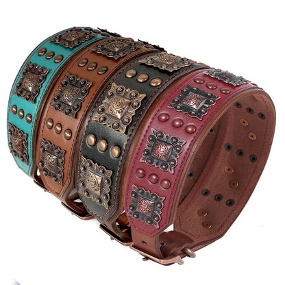 Pure Leather Luxury Metal Rivet Dog Collar and Leash Set For Medium Large Dogs